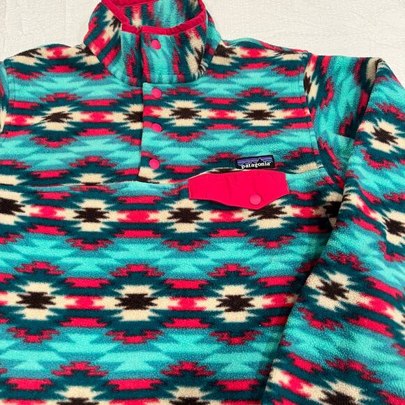 Patagonia Synchilla Womens Medium Blue T Snap Fleece Jacket Pullover Geometric - Picture 9 of 9